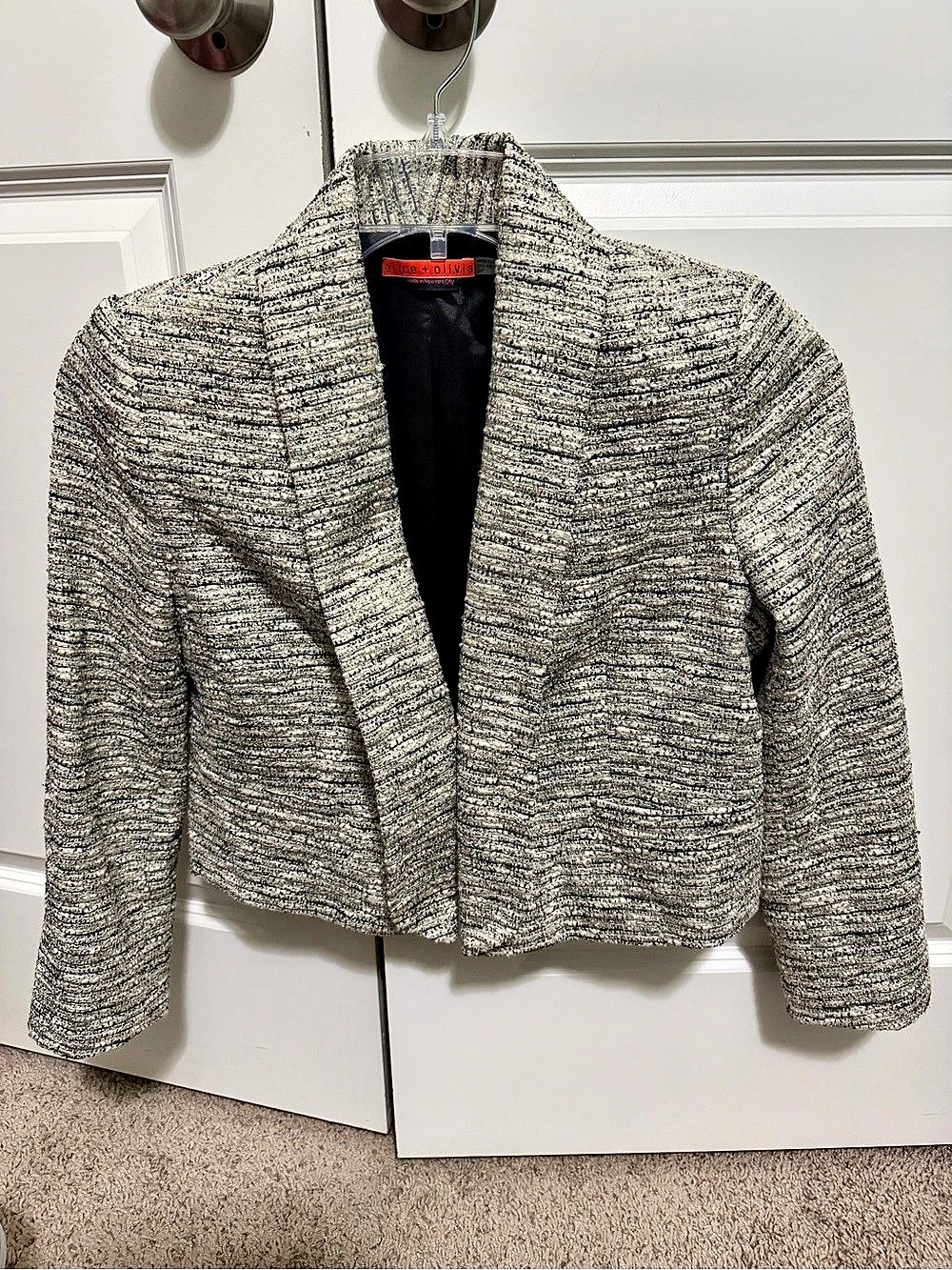 alice + olivia Amelia Metallic Tweed Cropped Jacket Gray & Black
